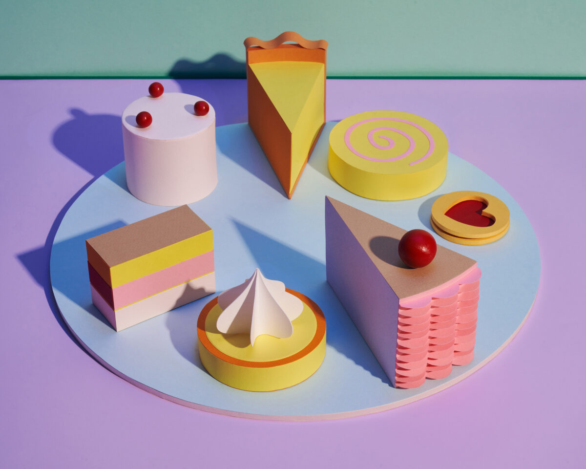 A still life of a platter of pastries, inspired by the painter Wayne Thiebaud, created in collaboration with paper artist Reina Takahashi, photographed on April 26, 2022.