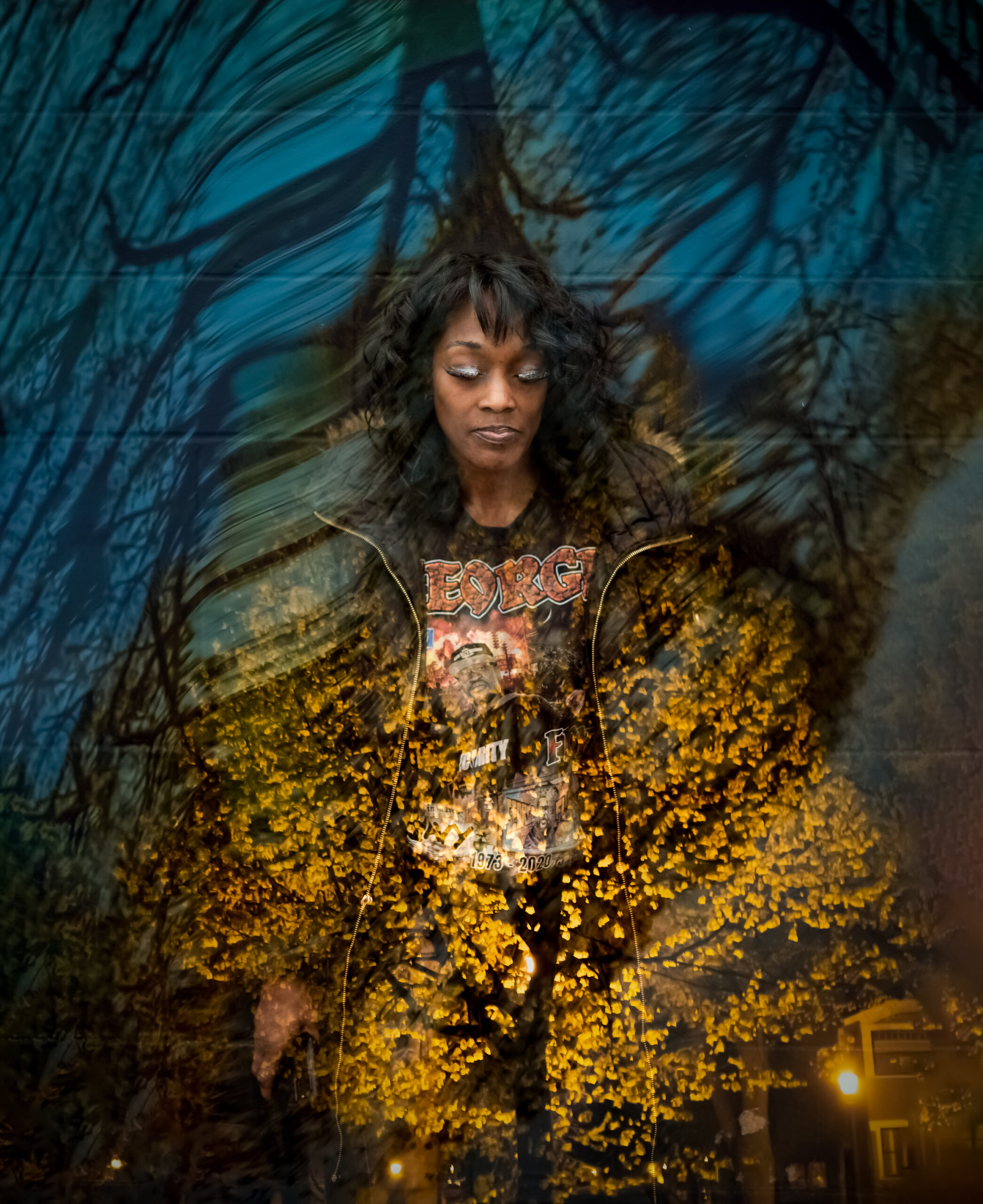 A multiple-exposure portrait of Shawanda Hill, a former girlfriend of George Floyd, in Minneapolis, MN on April 12, 2022. On May 25, 2020, Hill met Floyd at Cup Foods moments before his fatal encounter with former Minneapolis police officer Derek Chauvin. Blocked by a park officer, Hill was unable to see that Floyd was being suffocated under Chauvin’s knee, and left to care for her granddaughter. It wasn’t until the next day that she heard about his death on the morning news. She still mourns not doing more for him, but Hill also remembers Floyd for the ways he loved and held her up her during their time together. She says, “He let me cry, he let me snap. He was there for me.”
