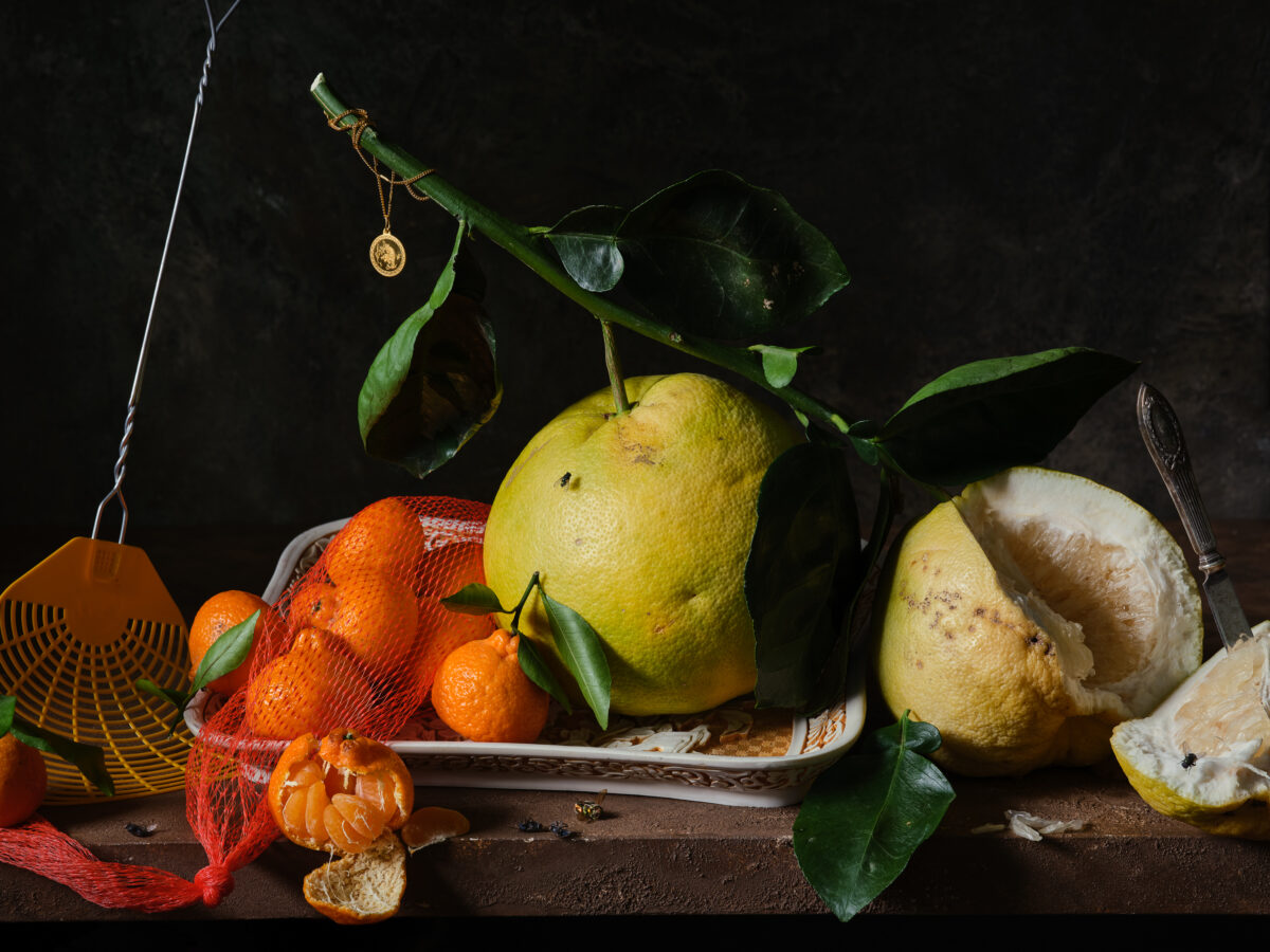 A celebration of lucky fruit, daily life, the new year, and a classic nature morte is a reminder of mortality. The mandarins are kishus, a varietal transplanted to the US from Japan in the 1980s. The pomelo-looking citrus are oro blancos, which were bred in Southern California from a cross between pomelos (which have a long history in SE and East Asia for new years’ celebrations) and white grapefruit. The non-traditional oro blancos are here as a symbol of the continued development and remixing of Asian American experiences.